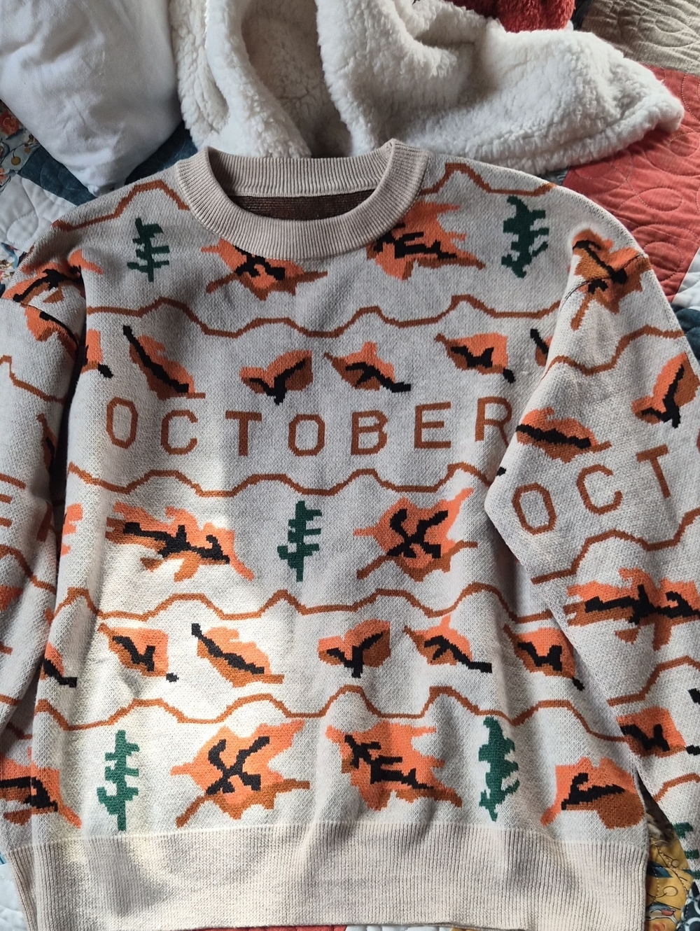 October Crewneck Sweater in Cream with Orange & Green Fall Motif